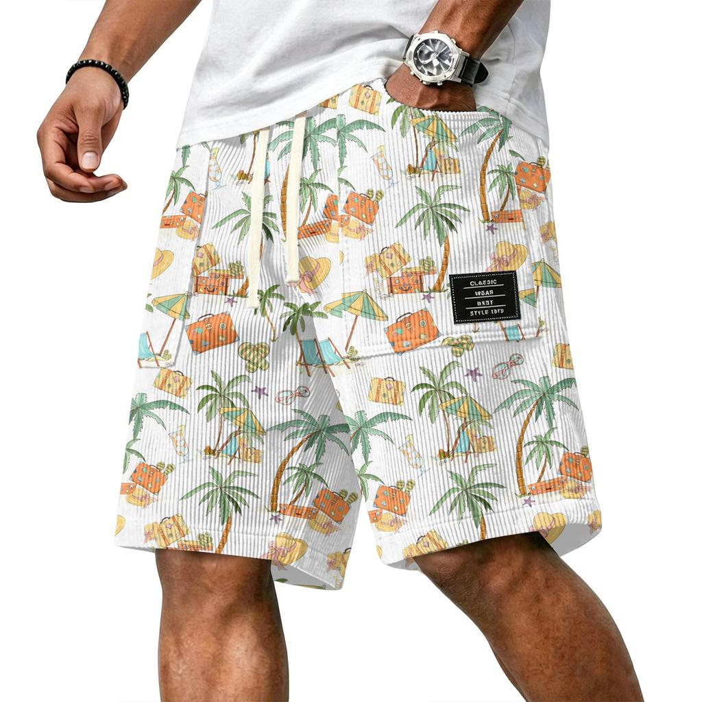Men's Casual Corduroy Drawstring Shorts Tropical Leaf Print Lightweight Summer Beachwear Relaxed Fit Mid-Length Bottoms