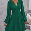 Polyester Vneck Lantern Sleeve Dress With Pleats For Casual And Party Wear
