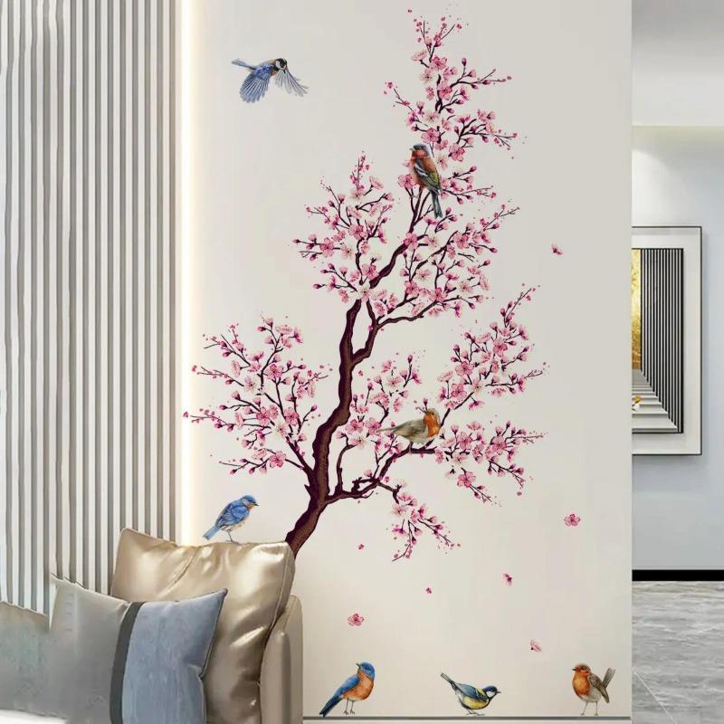 Rosa Pfirsichblüte Blumen Zweig Vögel Floral Wandaufkleber für Schlafzimmer Wohnzimmer Möbel Hintergrund Wandtattoos Wandbilder PVC