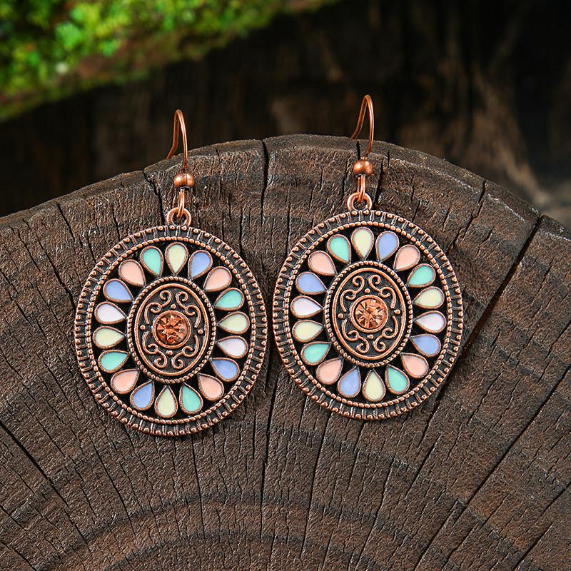 Orecchini Smaltati Colorati Etnici Retrò Bohemien da Donna Boho Fiore Vuoto Geometrico Rotondo Vintage Pendenti Gioielli Regalo