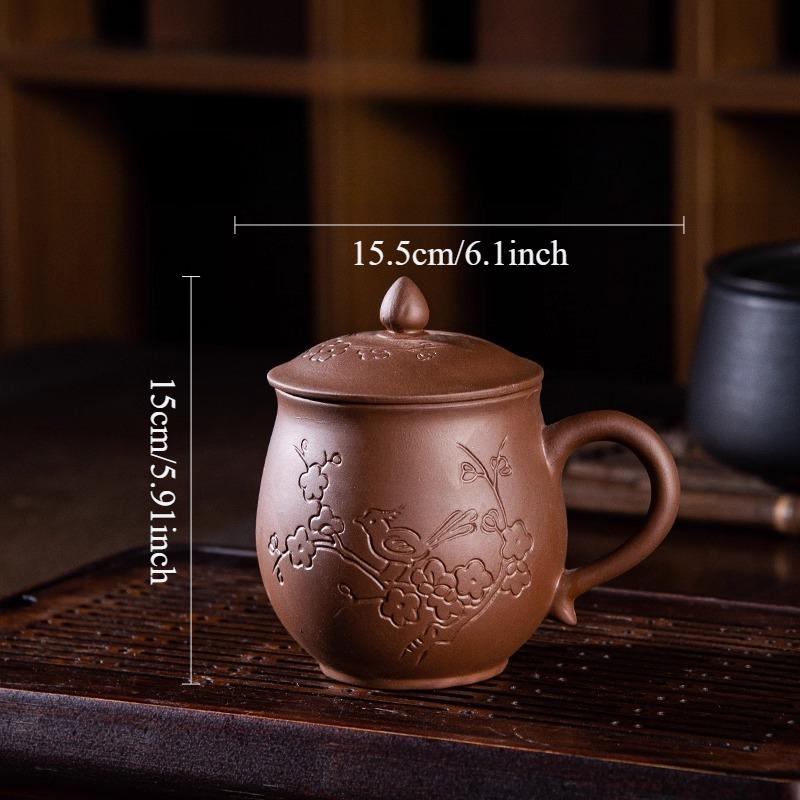 500ml Large Capacity Purple Clay Tea Cup Chinese Style Carved Plum Blossom Tea Cup with Lid Household Tea Cup Teaset Accessories 500ml