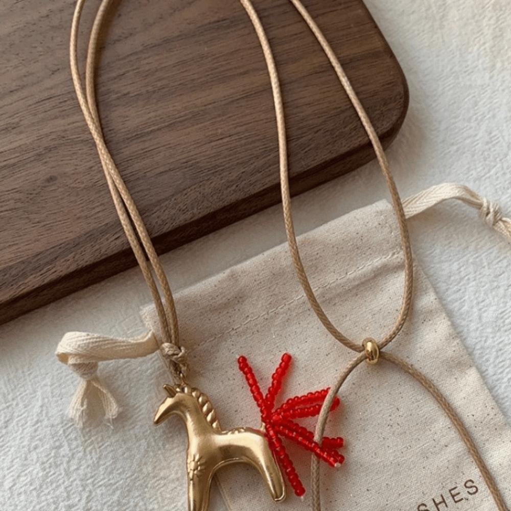 Sweater Chain Wax Rope Necklace Long PU Leather Necklace Pony Pendant Necklace Horse Year Gift