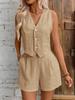 European-American Linen V-Neck Tank Top & Shorts Set for Casual Summer Commute