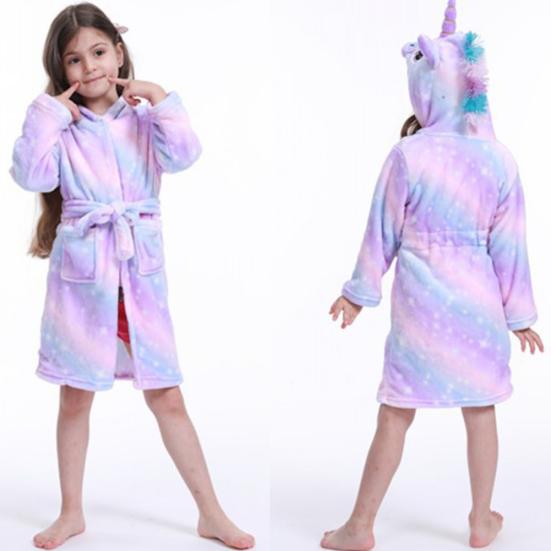 Cute Kids Boys Girls Unicorn Long Sleeve Hooded Pocket Sash Bathrobe