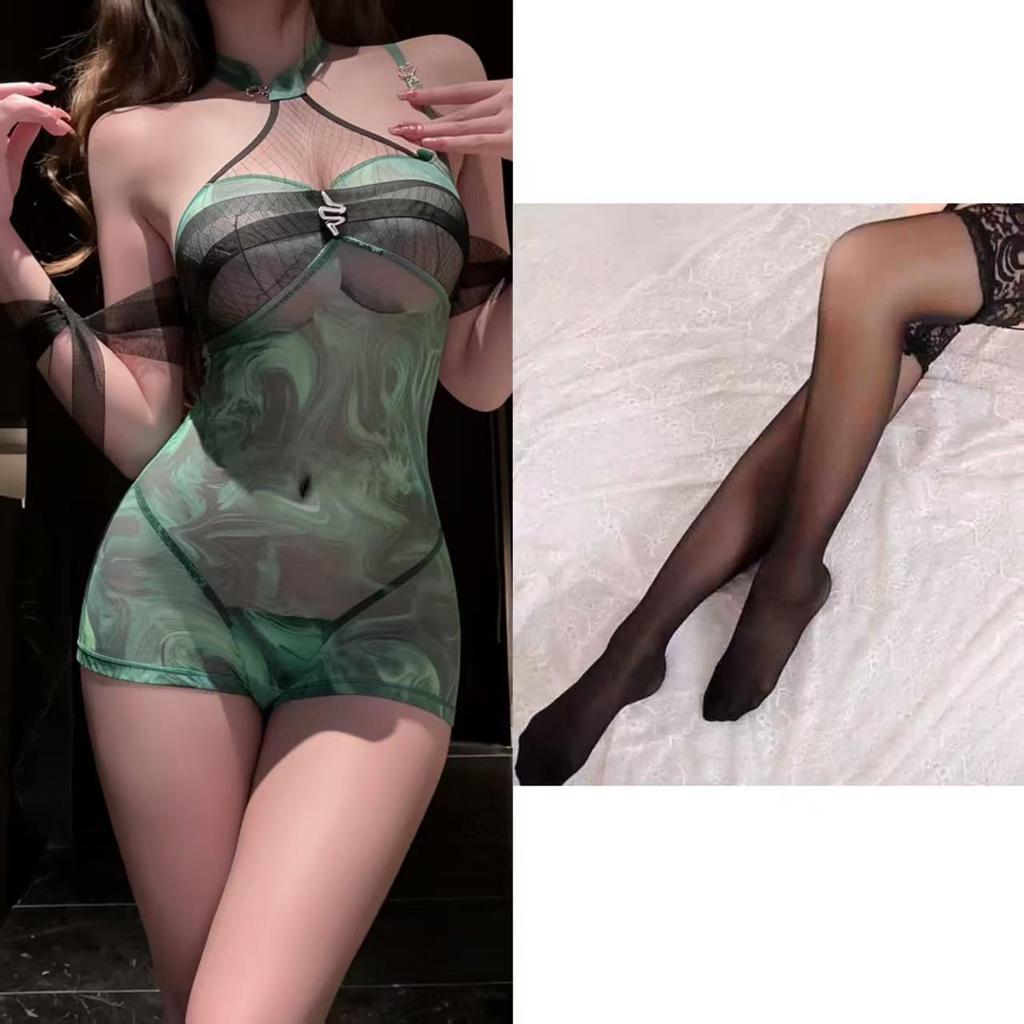 Green Snake Cheongsam Sexy See-through Halter Dress