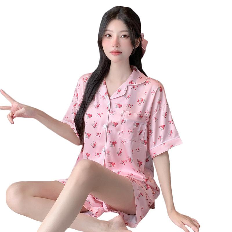 Summer Ice Silk Pajamas Women'S Cool Short-Sleeved Pastoral Small Floral Sweet Thin Loungewear Set