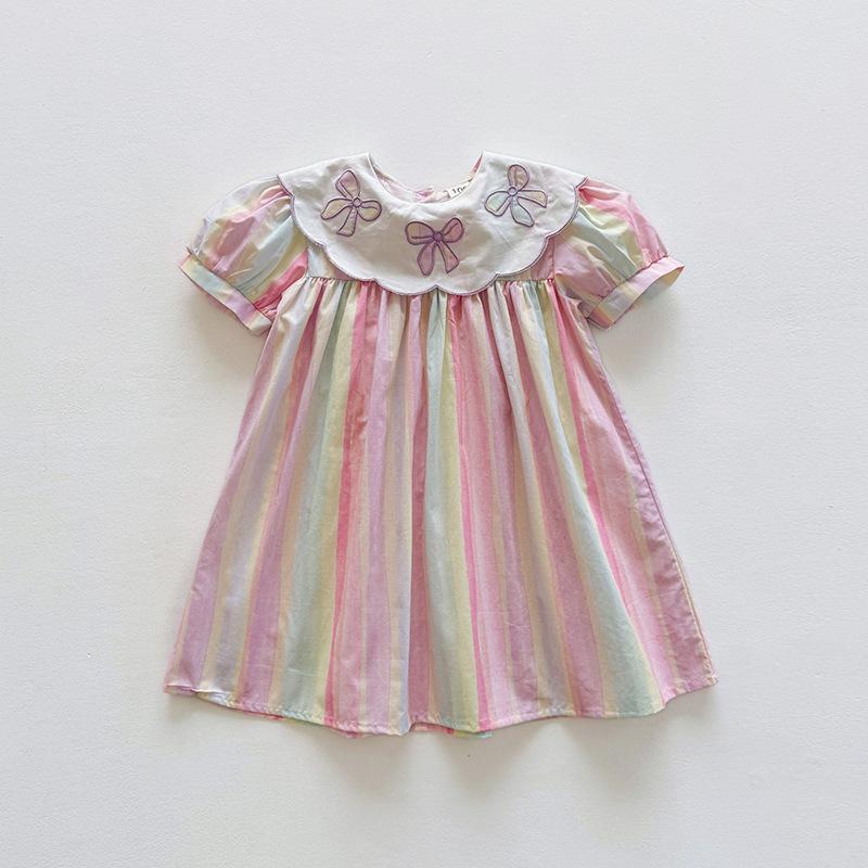 Girls Summer Colorful Striped Dress Peter Pan Collar Bow Tie Embroidered Sweet Princess Short Sleeve Dress 90cm