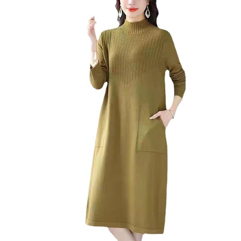 Herbst- und Winter Damenpulloverkleid Mittellang Locker Mittleren Alters Mutter Outfit Gestricktes Dickes Kleid