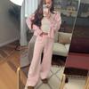 2026 Fall Winter Womens Pink Sweet Knit Set Casual Long Sleeve Sweater Wide Leg Pants Two Piece Outfit Streetwear