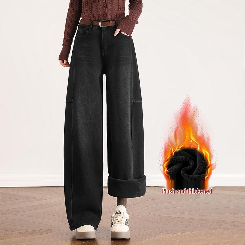 

Women s Black Curved Knife High-Waisted Velvet Lined Loose Wide Leg Jeans - Autumn/Winter Style 27 чорний