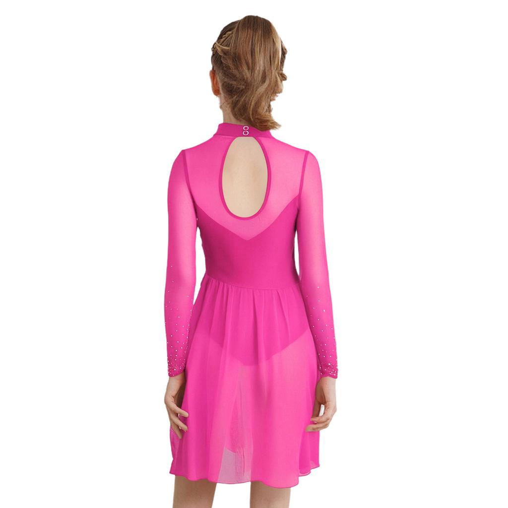 Mädchen Eiskunstlauf Tanzkleid Lange Ärmel Stehkragen Schlüsselloch Rücken Glänzende Strasssteine Eingebauter Slip Kleid