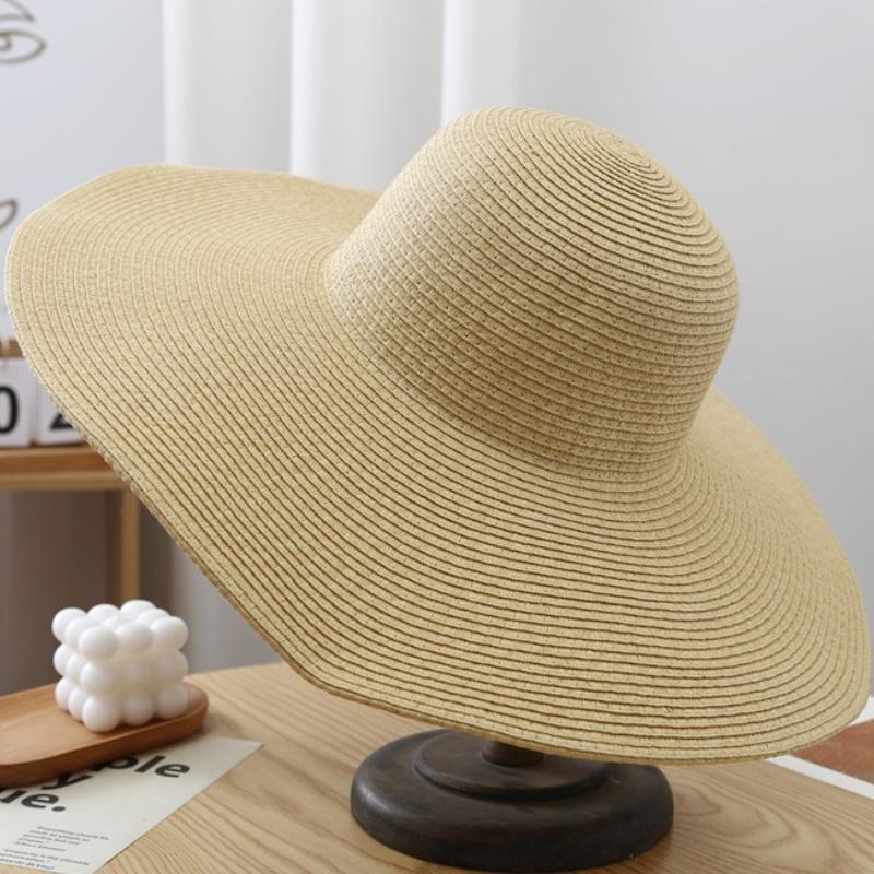 15cm Wide Brim Straw Hats For Women Summer Floppy Foldable Portable Beach Hat Girls Simple Solid Color Uv Protection Lady Panama