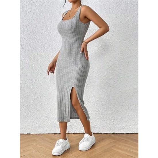 Women's Sleeveless Square Collar Suspender Furry Vertical Vest Dress Elegant Sexy Slit Legs Midi Dress