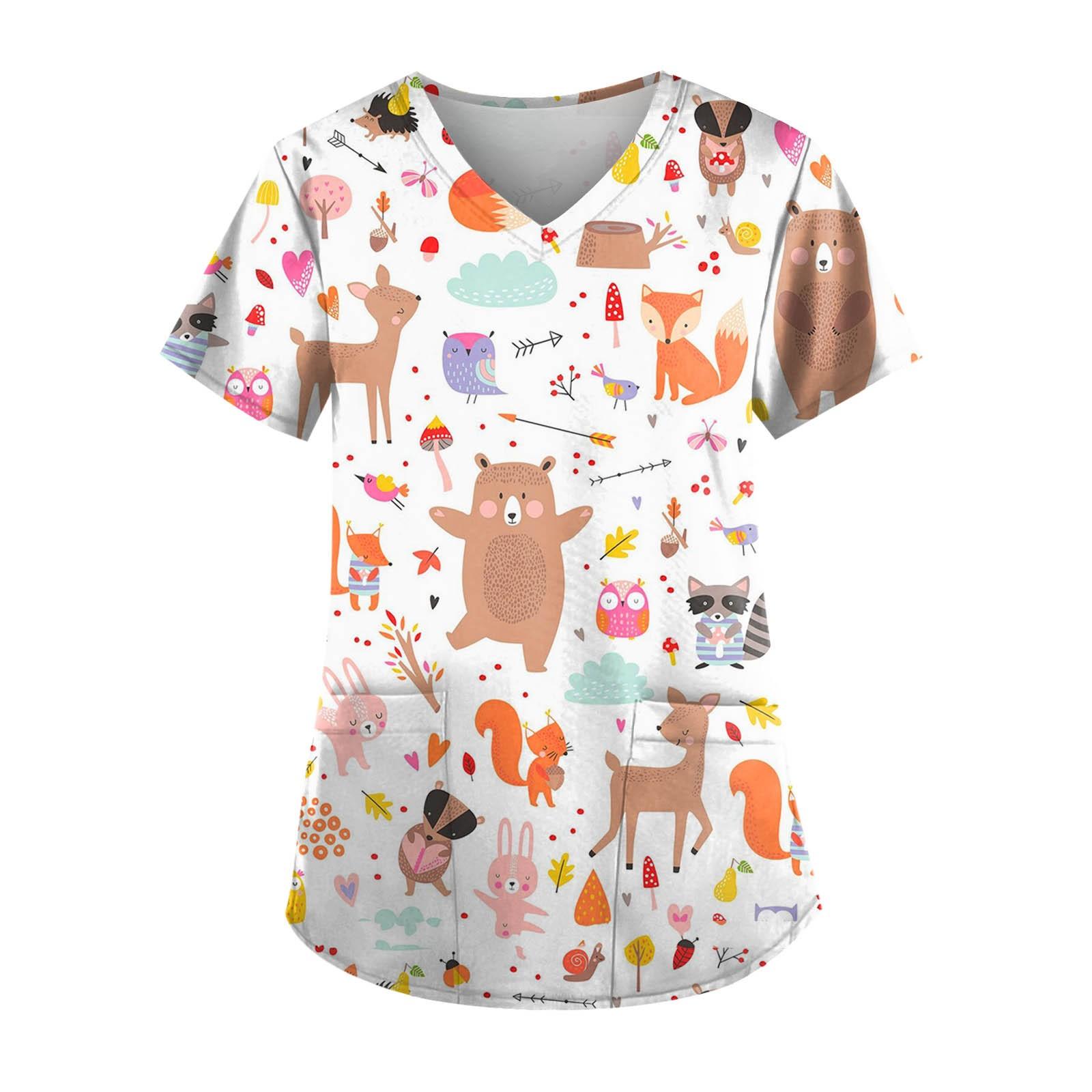 

Женские топы с короткими рукавами и v-образным вырезом с принтом, рабочая блузка с карманами XL оранжевый