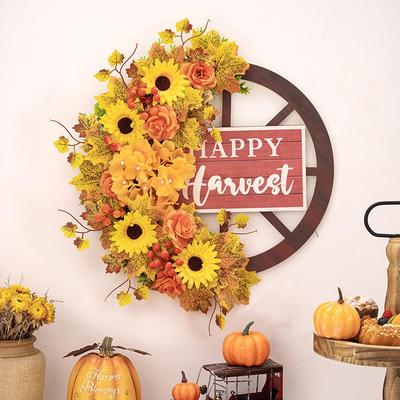 Thanksgiving Sunflower & Maple Leaf Wheel Wreath - Autumn Door Hanging