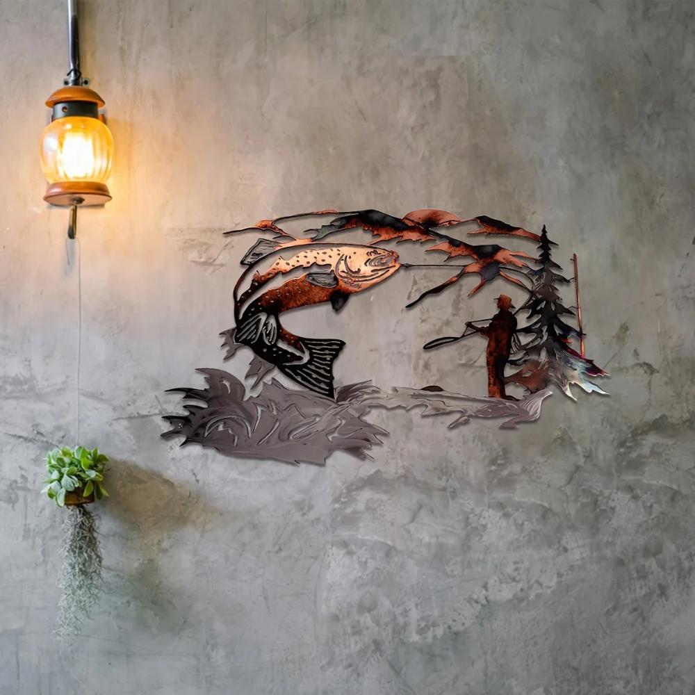 Decoração de parede de metal 3D HelloYoung, decoração de parede para caça de patos e pesca de trutas, presente, decoração de sala de estar, decoração de parede