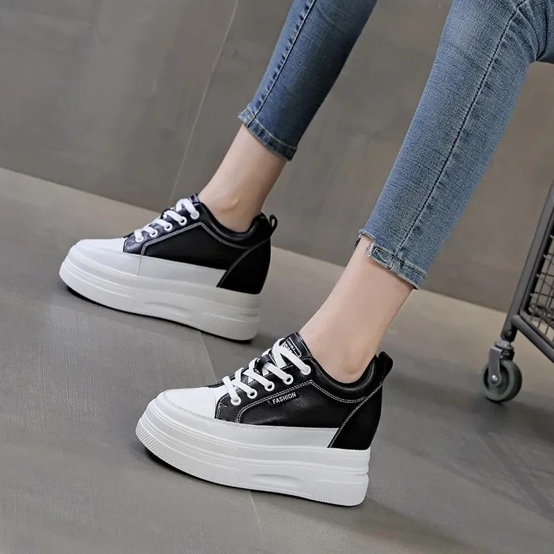 Fashion 10CM Genuine Leather Women Shoes White Platform Wedge Sneakers Women Summer Shoes Zapatos De Mujer Zapatos