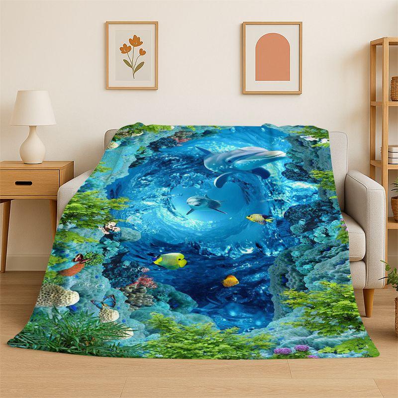 Seabed Illusion 3D Underwater World Dolphin Cartoon Flannel Blanket Soft Throw Blanket for Bedroom Living Room Bed Travel Nap