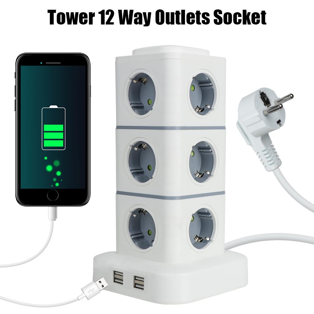 Turm 12-Wege Steckdosenleiste Mehrfachsteckdose Vertikal 5V 3.1A EU-Stecker 2,8m Verlängerungskabel mit 4 USB-Anschlüssen Überlastschutzschalter