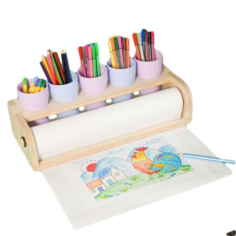 Kids Art Paper Roll Organiser Wood Paper Roll Dispenser Desktop Paper Roll Holder For Home Classroom Creative Drawing