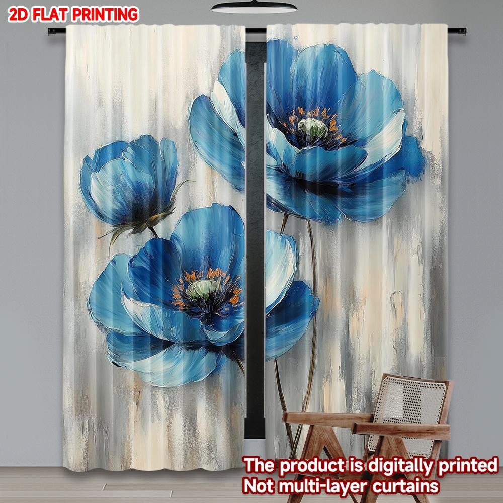 2D Flat Printing 2pcs Curtain Drapes Blue Blossoms Digital Printed Polyester Drapes Family Party Decoration Perfect for Holiday