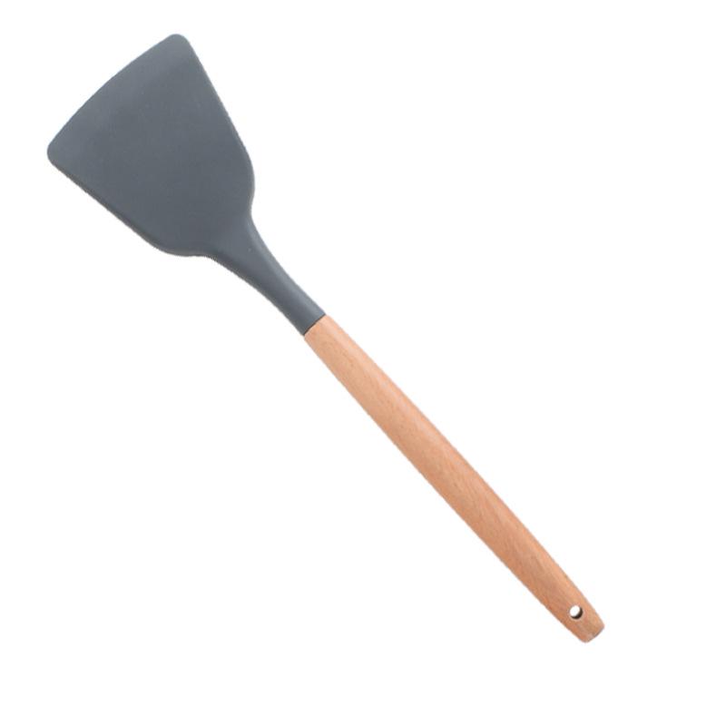 11-Piece Wooden Handle Silicone Kitchenware Set - Includes 9 Kitchen Tools, Spatula, and Spoon.