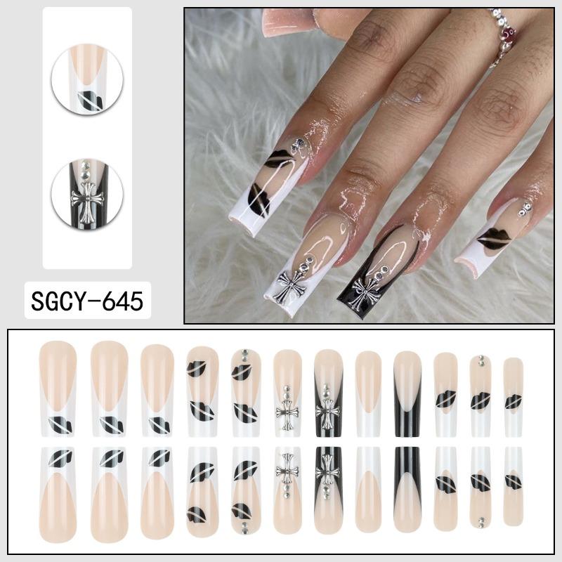 Cross-border black and white French irregular hickey print flash cross long European and American style removable nail art pieces 24 pieces
