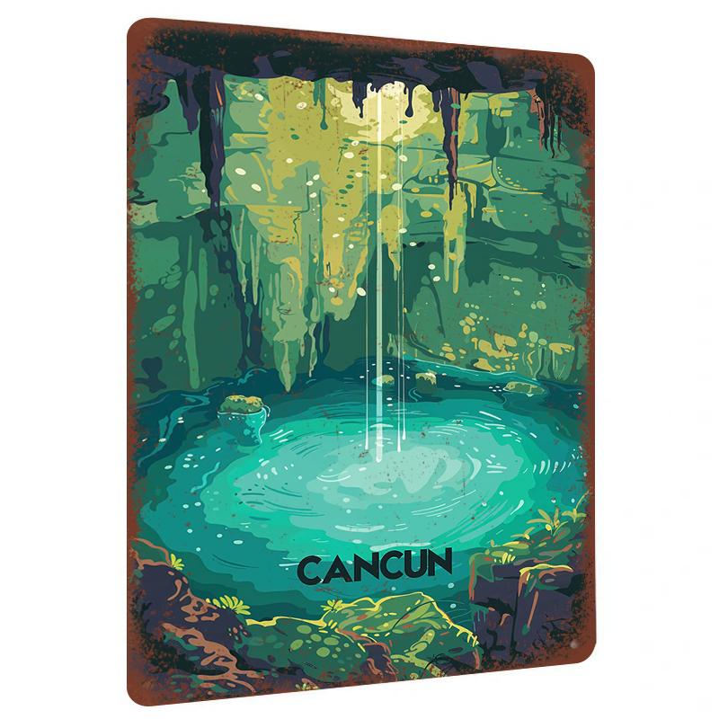 

Cancun Cenote Cave Pool Illustration Metal Wall Art Tropical Landscape Home Decor 20x30cm（7.8x11.8inch）