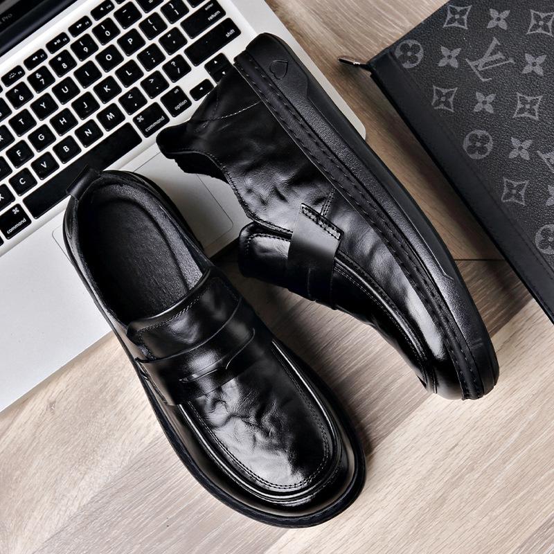 

Европейская станция мужская обувь 2025 весна новая толстоподошвенная ленивая обувь на одной педали кожаная мужская повседневная рабочая обувь прилив 38 чёрный