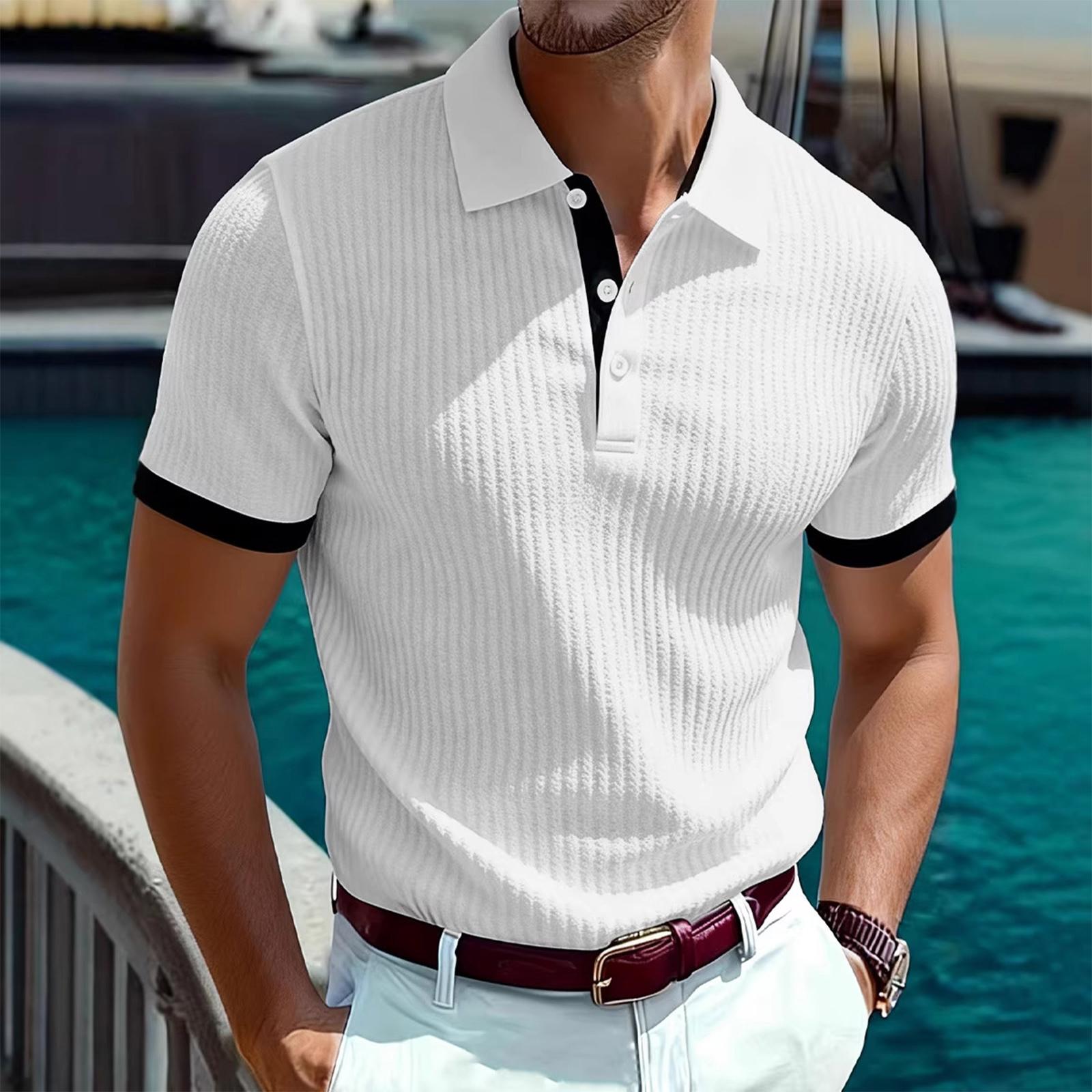 Men s Summer Casual V-Neck Ribbed T-Shirt Short Sleeve Color Tee Top For Holiday Outings XL белый 1630₽
