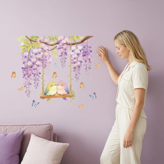 Watercolor Wisteria Birds Wall Decal, Self-Adhesive Residue-Free Window Sticker, Easy Apply Wall Sticker for Bedroom Kitchen Bathroom