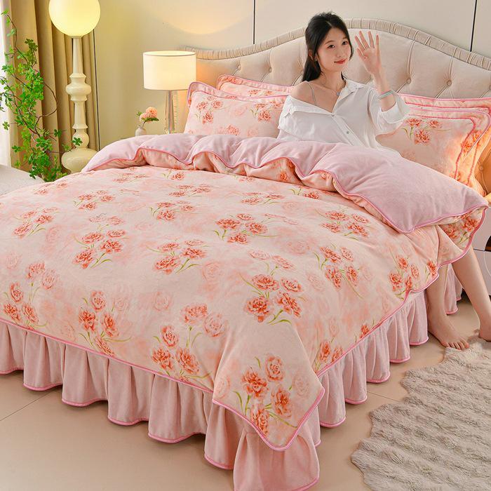 Cozy Flannel 230g Milk Velvet Printed Bed Set with Skirt - New Autumn/Winter Collection, Hot Seller