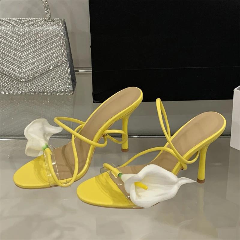 Fashion Eilyken Sexy PVC Transparent Flower Narrow Band Women Sandals Street Style Open Toe Thin High Heels Party Prom Shoes