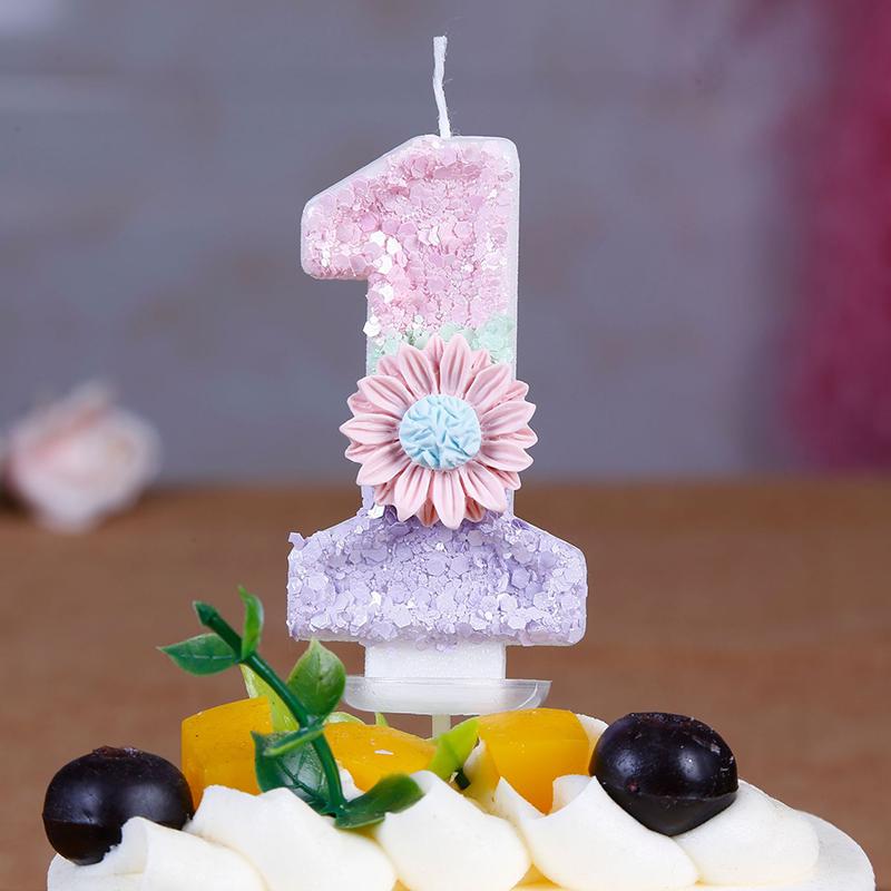1pc Daisy Digital Birthday Candle Cute Pink Cake Topper Number 0-9 Candles Glitter Black Crown Candles Baby Show Kids Birthday