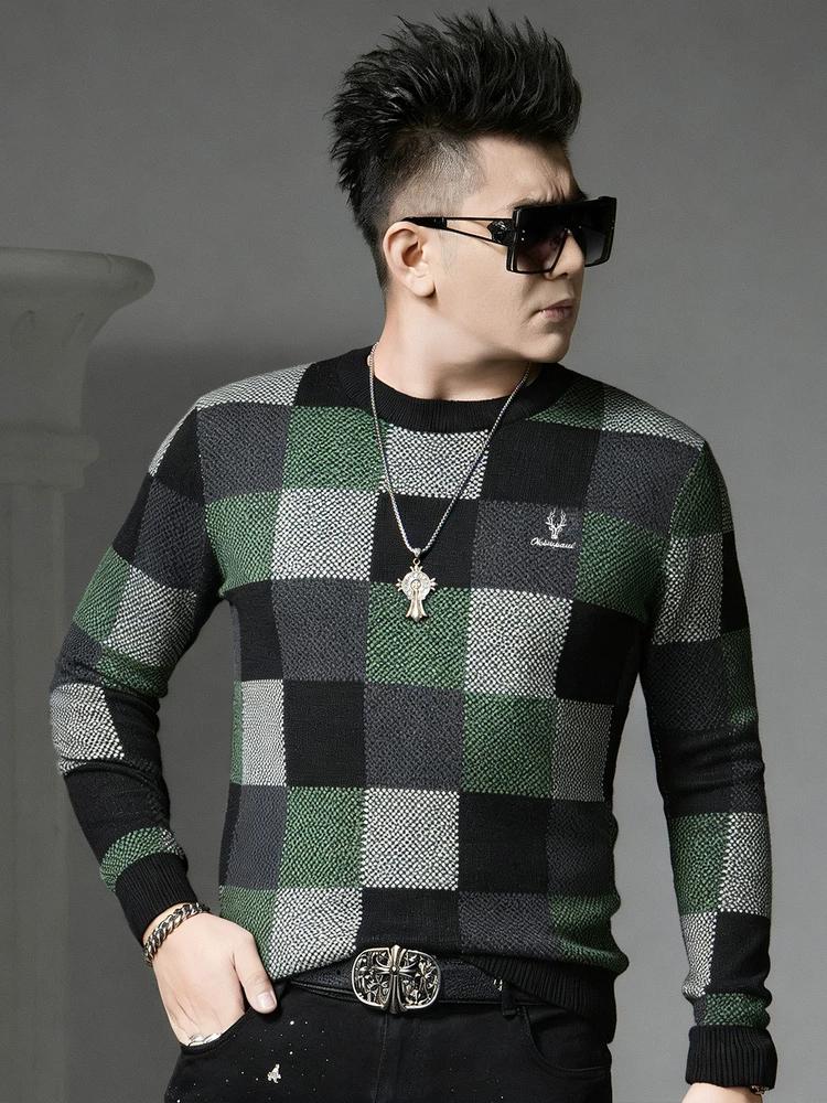 European Station 2025 Autumn/Winter New Round Neck Sweater Men's Plaid Print Knitted Base Shirt Long Sleeve Knitwear