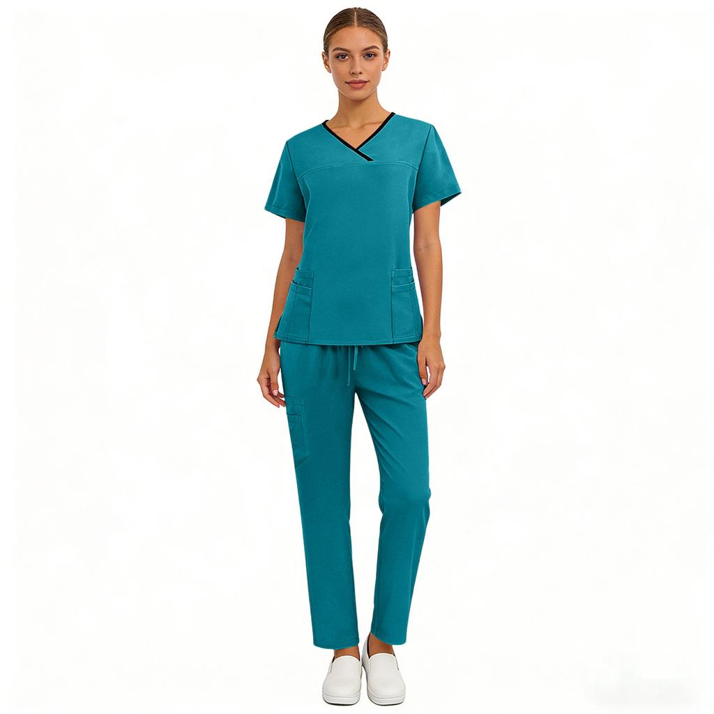 Women's Quick Drying Fabric Color V-neck Pocket Short Sleeved Pants Set Workwear