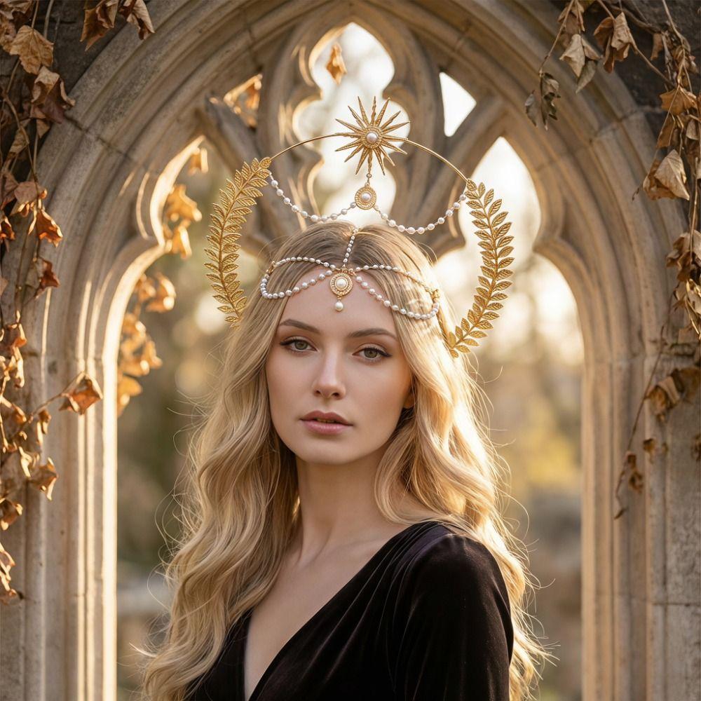Gold Plated Sun Goddess Crown Wheat Ear Leaf Baroque Tiara Headband Artistic Photoshoot