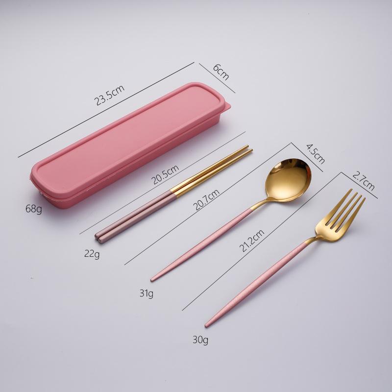 Stainless steel tableware, convenient student spoon, fork, chopstick three-piece set, travel storage set