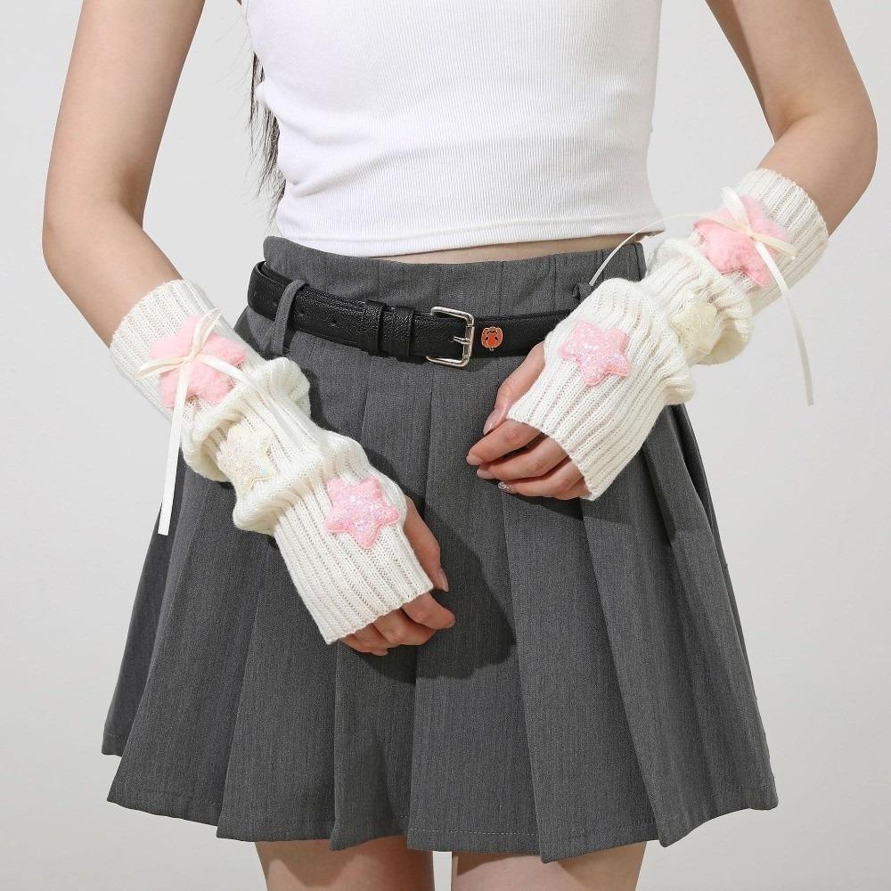 Sequin Star Decorated Fingerless Arm Covers Ribbon Bow Decor Long Cuff Soft Knitted Arm Warmers Windproof Warm