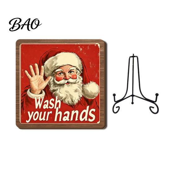 Christmas Hanging Ornament Wooden Tabletop Decor, 2D Pet Santa with Iron Stand, Rustic Xmas Party Holiday Sign for Home And Cafe Festive Shelf, Solid