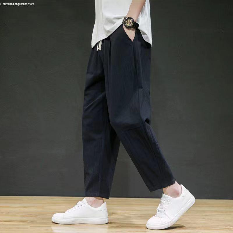 Men's Trendy Loose-Fit Cotton Linen Summer Pants - Lightweight, Casual, All-Match, Plus Size, Nine-Point Length.