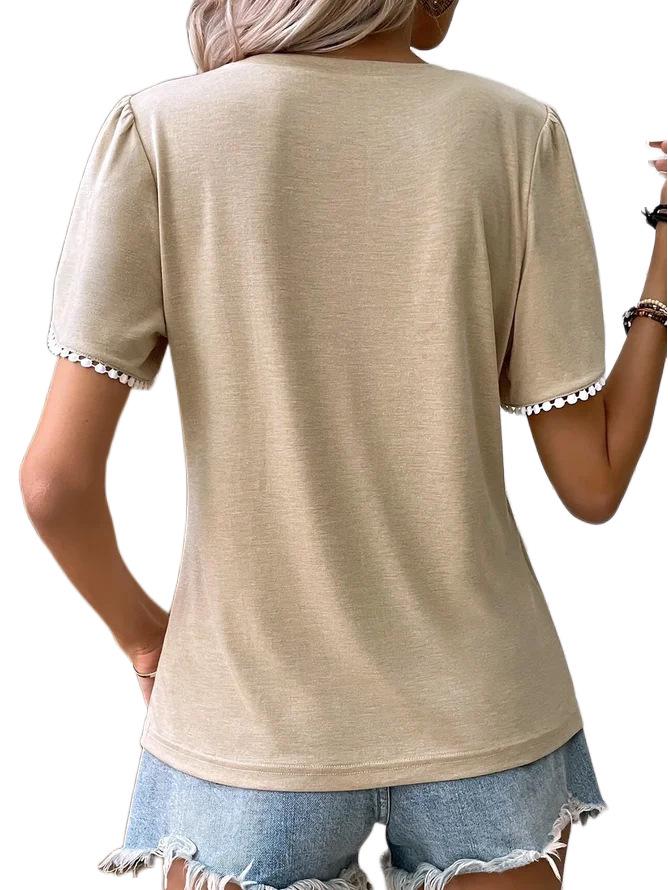 2023 Summer Women's Round Neck Pleated Lace Casual T-shirt