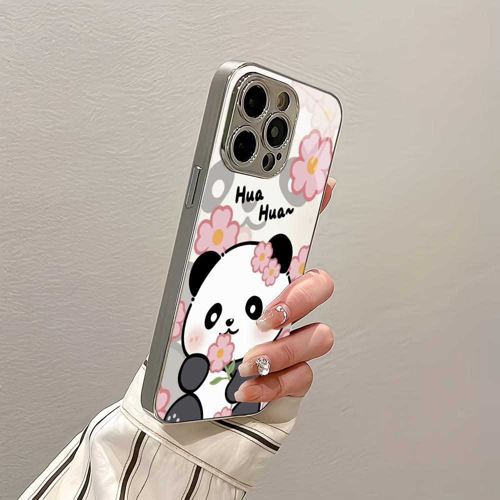 Cute Panda Flower Silver Plated Glass Phone Case Suitable for iPhone 17 16 15 14 13 12 11 Pro/Max/Plus Scratch Resistant