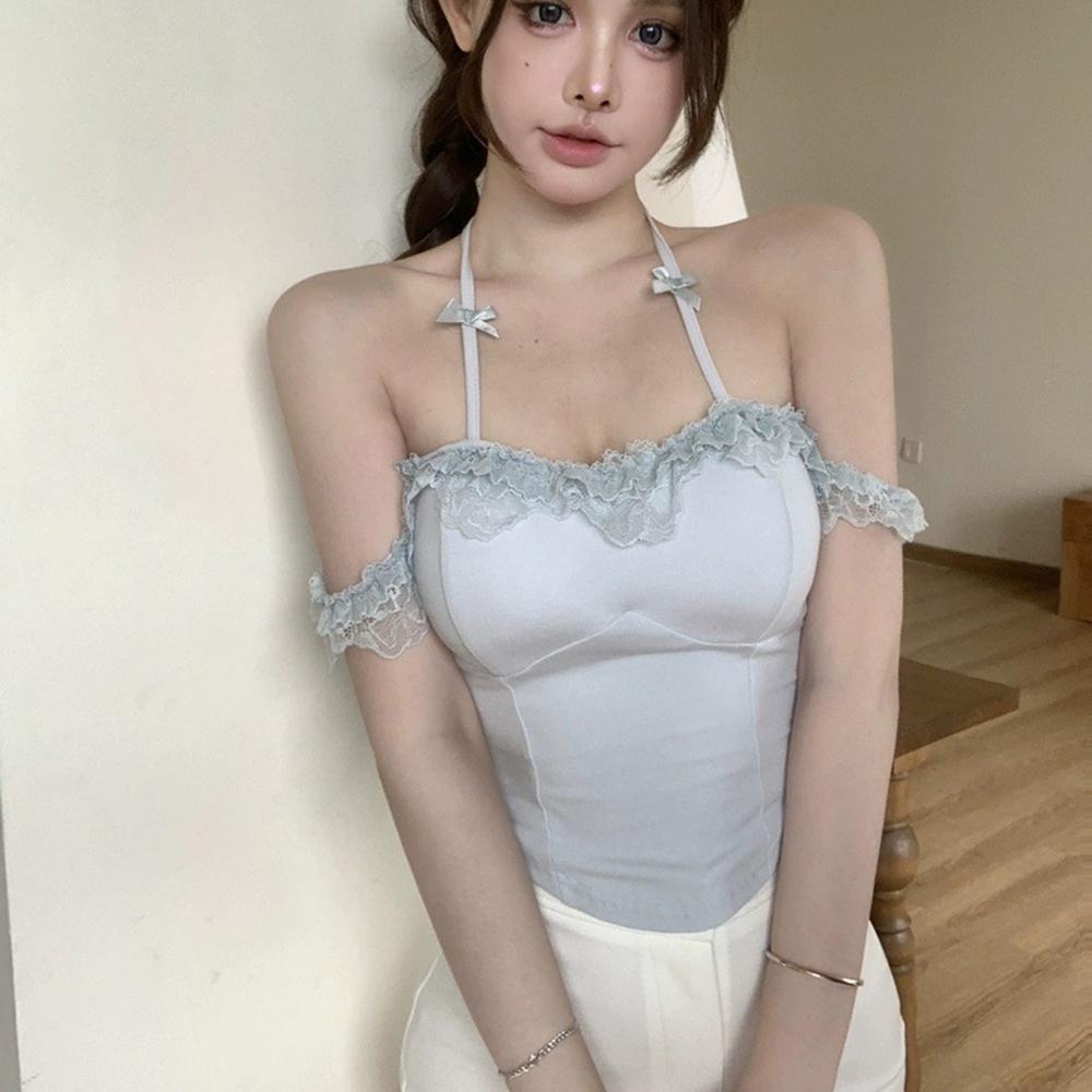 Women's Sweet Lace Off-Shoulder Halter Cami, Bow Detail Slim-Fit Tank with Built-in Bra