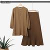 ZANZEA Women Long Sleeve Blouse and Pleated Skirts Casual Two Piece Suit Sets