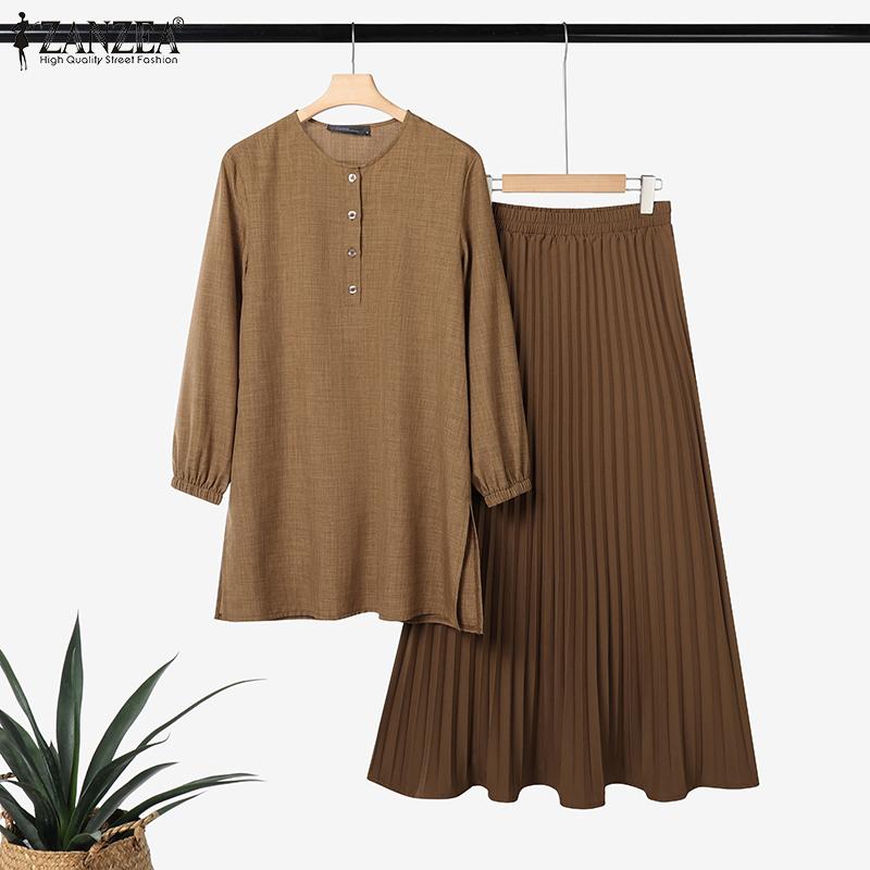 ZANZEA Women Long Sleeve Blouse and Pleated Skirts Casual Two Piece Suit Sets