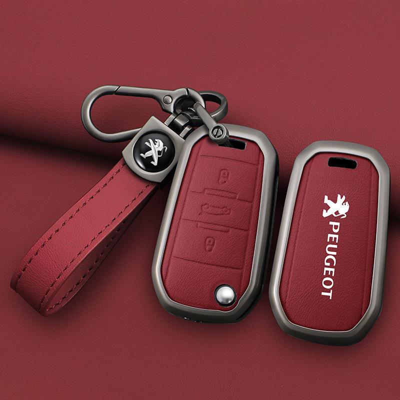 Alloy Leather Car Key Case Bag Cover Shell Holder For Peugeot 208 308 408 508 2008 K3008 4008 5008 Protector Keychain Accessories