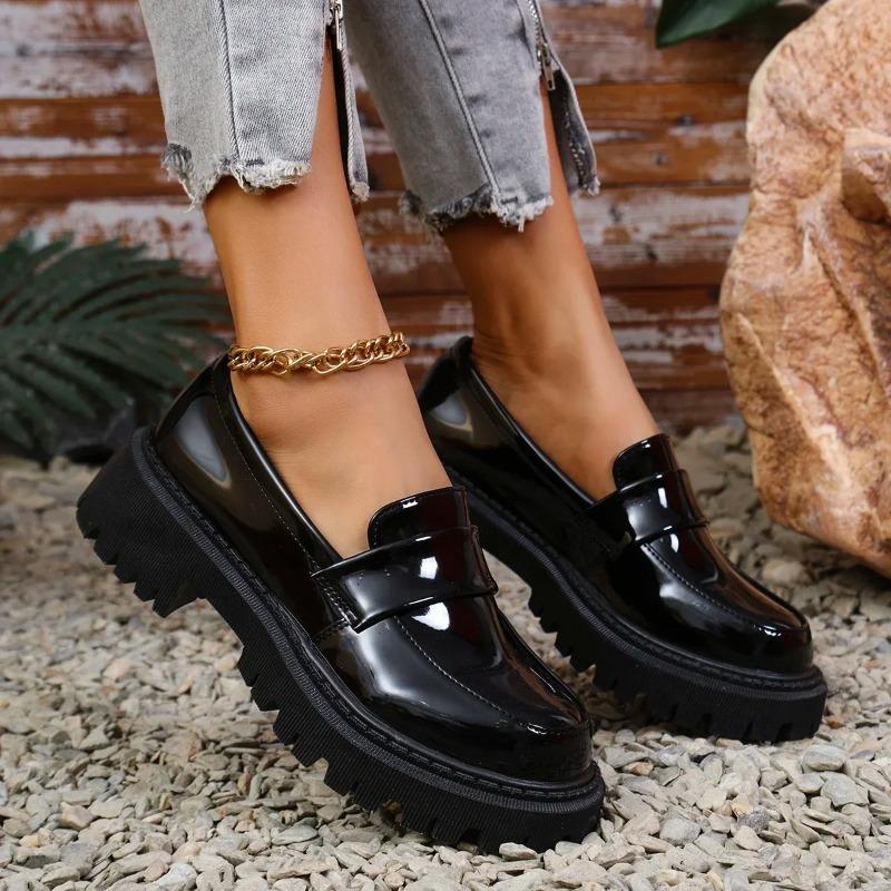Patent Leather Loafers Women Spring 2025 Thick Bottom Platform Casual Shoes Woman Slip On Soft Sole Moccasins Mujer