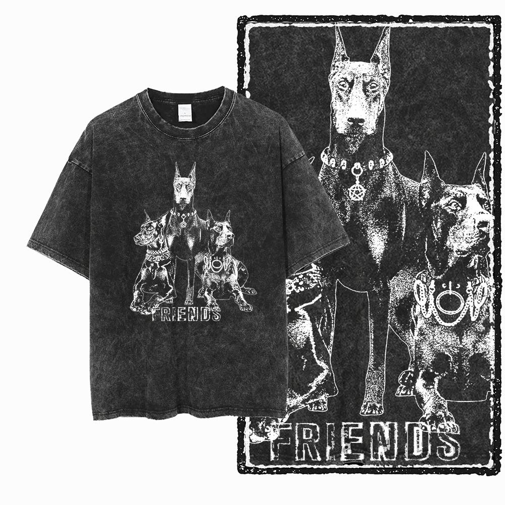 DoberUnisex Dog Vintage Graphic Printed Washed Distressed Big Size Black Cotton Unisexs Retro TShirt G