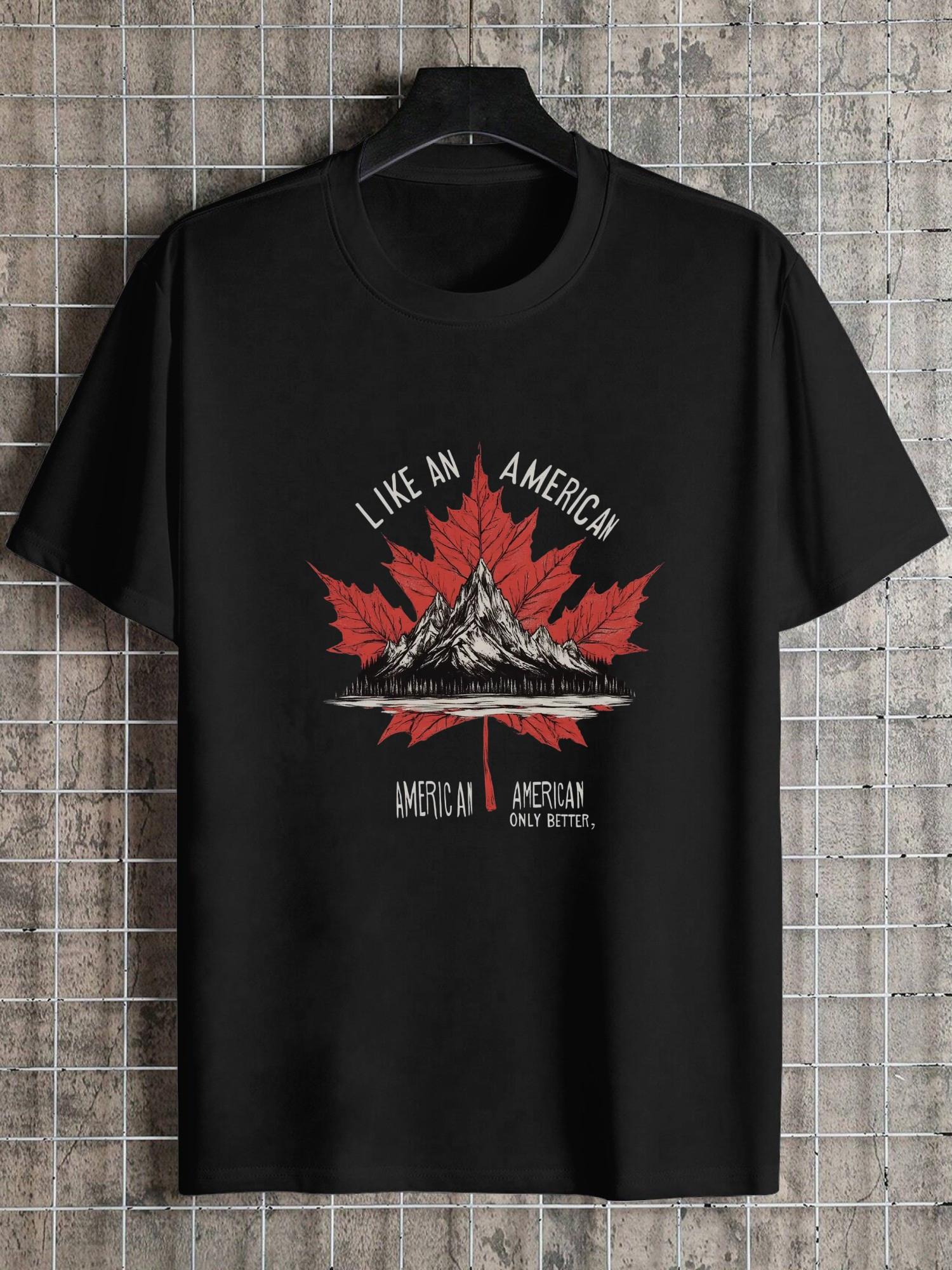 1pc Black Mountain Maple Leaf Graphic T-shirt - 180g Cotton Crew Neck Short Sleeve S